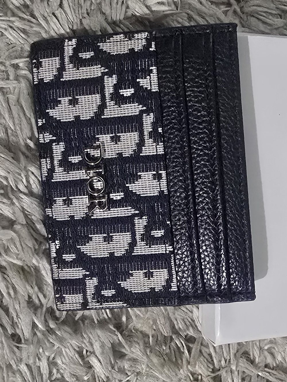 Dior Navy and White Card Case with Textured Leather Trim